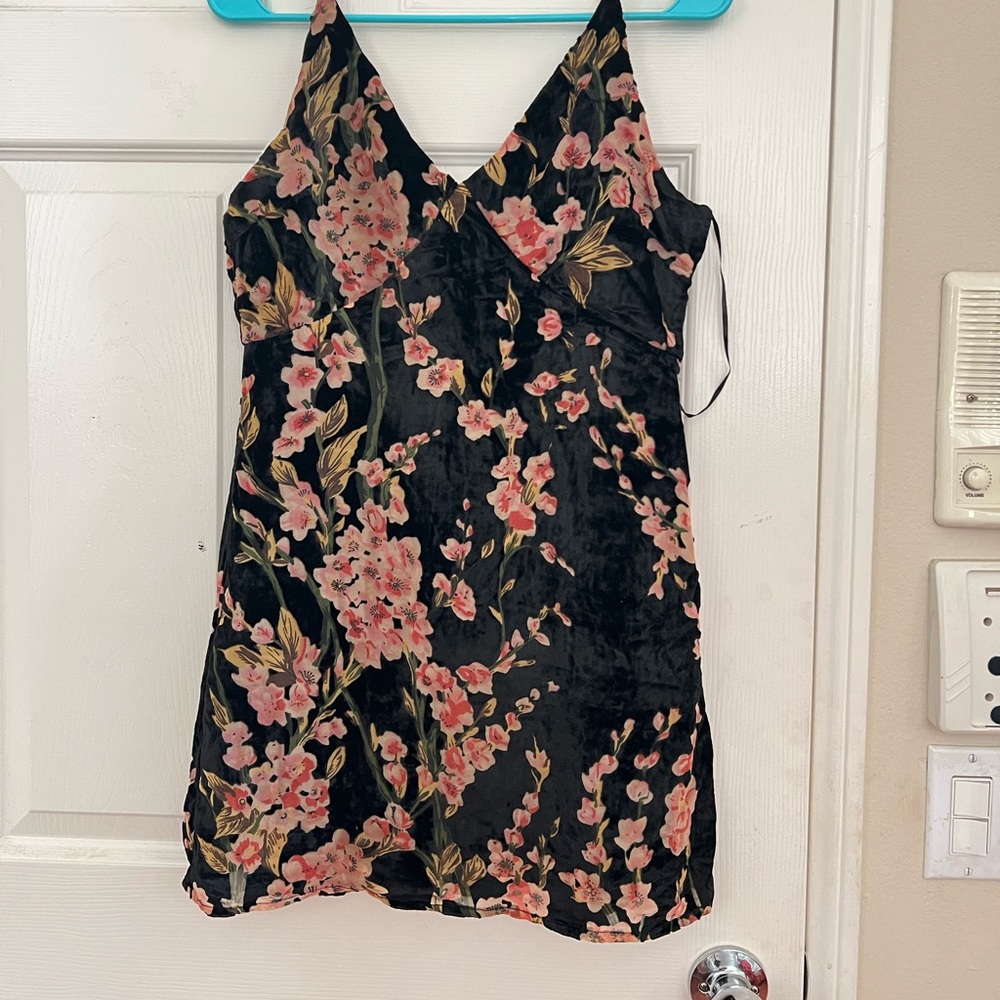 Velvet black and pink floral mini dress